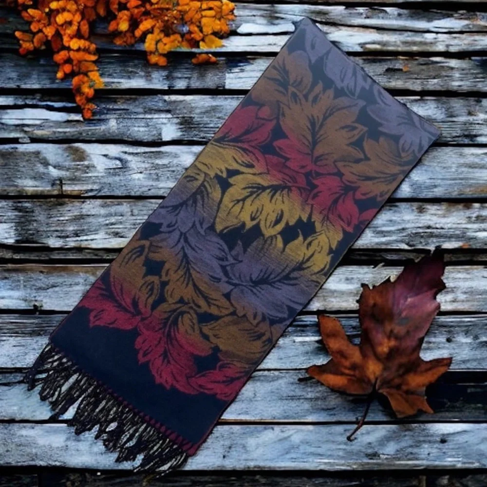 Scarf Boho Nice and Soft Leaf Print with Fringe in Beautiful Fall Colors OS